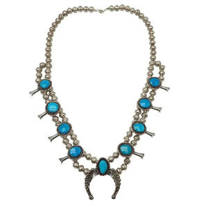 Vintage Navajo Sterling Silver Sleeping Beauty Turquoise Squash Blossom Necklace